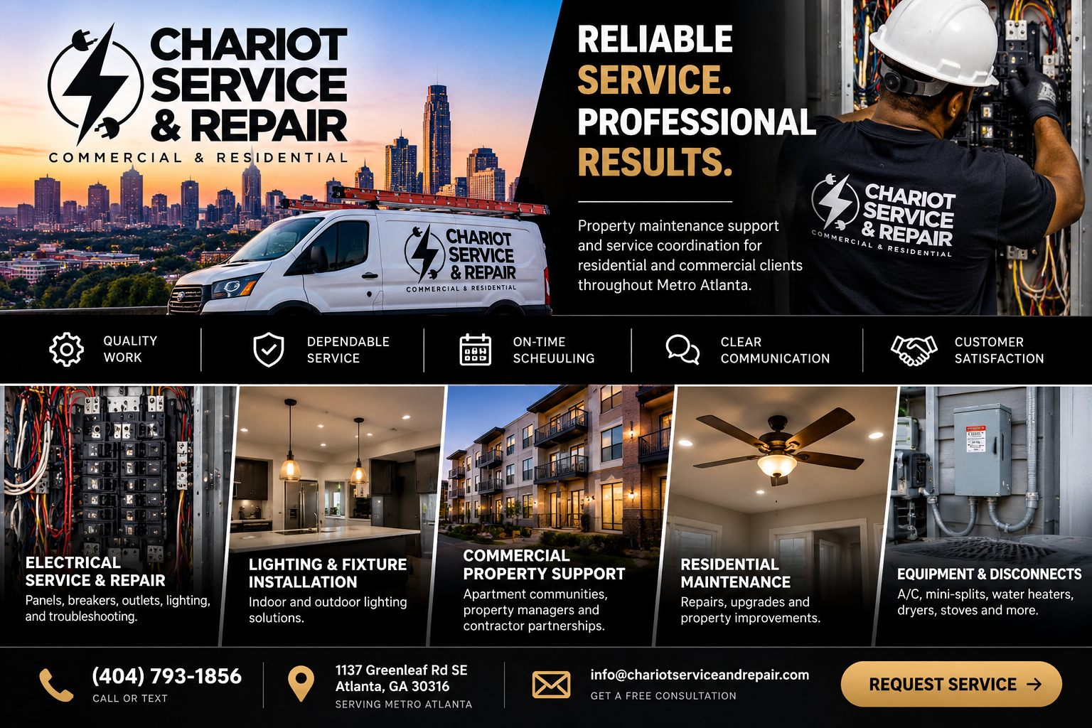 Illustrative Chariot Service and Repair promotional artwork featuring Atlanta, a branded service van, maintenance and electrical-related scenes